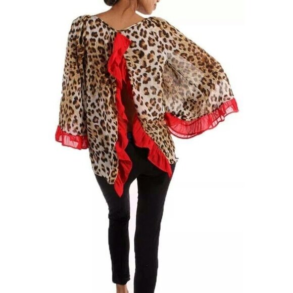Leopard Print Flowy Blouse With Red Ruffle Trim & Open Back Design Size XL - Picture 1 of 7